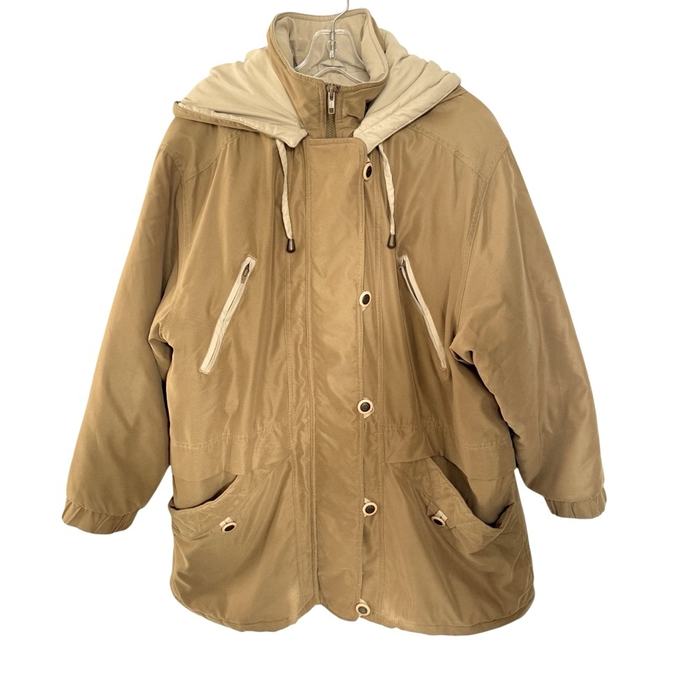 Hikers Haven Women’s Parka Coat Size Large Tan Mid Length Detachable Hood